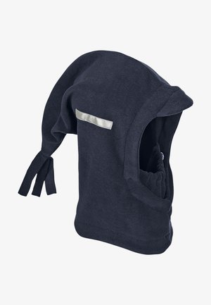 Dark blue sleeveless hoodie with a pointed hood, front pocket, and decorative silver stripe. Made from soft, textured fabric.
