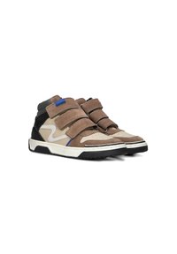 High-Top-Sneaker aus einer Mischung aus beigem Wildleder und Stoff, grauen Akzenten, blauer Markenlogo und Klettverschlüssen; strukturierte Gummisohle.