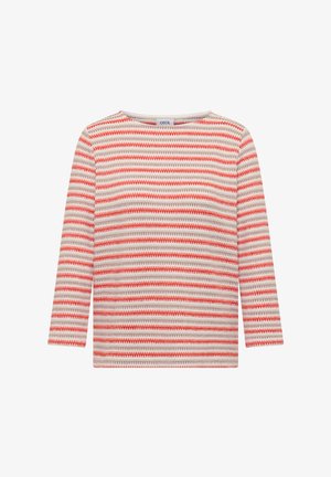 Langærmet strikbluse med horisontale røde, koralfarvede og beige zigzagstriber og rund halsudskæring.