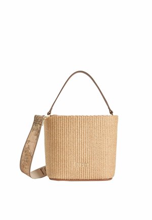 Borsa a mano rettangolare beige intrecciata con manico corto marrone e tracolla larga rimovibile con stampa mappa, logo frontale "Alviero Martini 1a Classe".