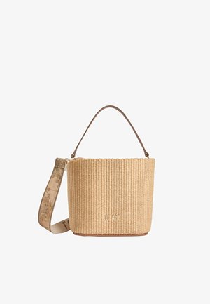 Borsa a mano rettangolare beige intrecciata con manico corto marrone e tracolla larga rimovibile con stampa mappa, logo frontale "Alviero Martini 1a Classe".