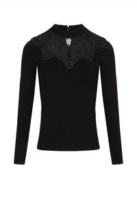 Camiseta negra de manga larga con un cuello de encaje con patrones intrincados, un cuello alto y un cierre de cremallera en la espalda. Textura suave en general.