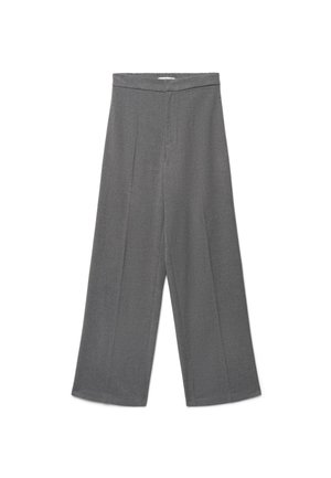 Pantaloni grigi a gamba larga con vita alta e sottili pieghe frontali, mostrati distesi su uno sfondo bianco.
