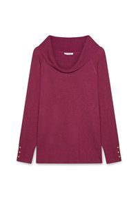 Suéter de cuello alto color baya con mangas largas, puños acanalados y tres botones dorados en cada manga. Textura suave y corte holgado.