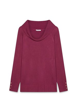 Pull à col cheminé de couleur brique avec des longues manches, des poignets côtelés et trois accents de boutons dorés sur chaque manche. Texture douce et coupe décontractée.