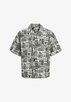 Korte mouw blouse in licht crèmekleur met een grafisch zwart-wit patroon van verschillende vormen en texturen. Voorzien van een kraag en een comfortabele, losse pasvorm.