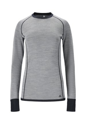 T-shirt de sport à manches longues gris clair avec des détails de couture noirs, des poignets noirs et un col rond noir.