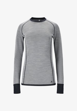 T-shirt de sport à manches longues gris clair avec des détails de couture noirs, des poignets noirs et un col rond noir.