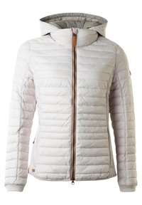 Lichte, ribbelige witte jas met een capuchon, voorzien van een rits aan de voorkant, bruine accenten en elastische manchetten. Ideaal voor koud weer.