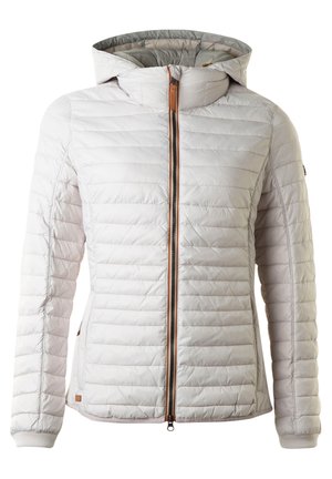 Leichte, gerippte weiße Jacke mit Kapuze, mit einem Front-Reißverschluss, braunen Akzenten und elastischen Bündchen. Ideal für kaltes Wetter.