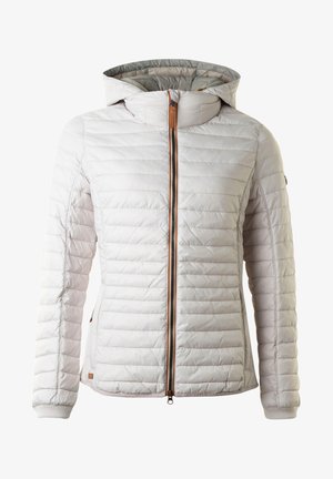 Lightweight, ribbed white jacket with a hood, featuring a front zipper, brown accents, and elastic cuffs. Ideal for cold weather.