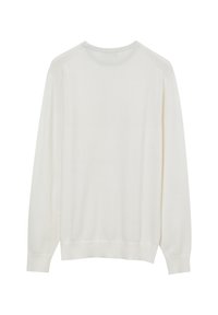 Maglione bianco a maniche lunghe realizzato in morbido tessuto a maglia. Presenta un collo rotondo e polsini a costine. Design semplice, senza fantasie o decorazioni.
