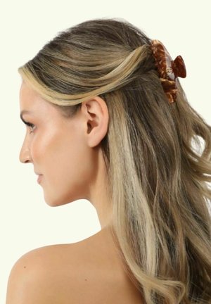 Kvinde med langt blondt hår, delvist trukket tilbage med en skildpadde-mønstret hårklemme, vendt mod venstre på en neutral baggrund.