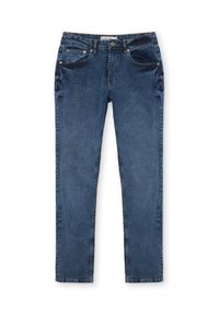 Jeans de mezclilla azul con un corte ajustado, que cuentan con cinco bolsillos, un cierre de botón y un ligero desgaste en las piernas para darle un detalle de textura.