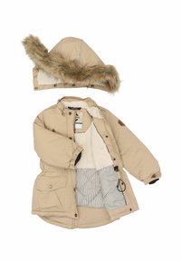 Beige parkasjacka med huva av konstpäls, vadderad foder och randig insida. Har framfickor och tryckknappsstängningar.