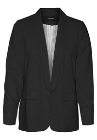 Černý blazer s klopou, dvěma předními kapsami a zapínáním na jeden knoflík. Podšitý bílým svislým pruhovaným vzorem.