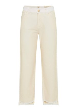 Roomkleurige recht gesneden spijkerbroek met een gouden knoop, lussen voor een riem, vijf zakken en onafgewerkte zoomdetails bij de enkels.