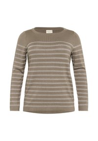 Pull beige à manches longues avec des rayures horizontales argentées, col rond et bords côtelés.