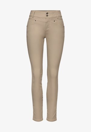 Pantaloni skinny beige realizzati in tessuto liscio, con vita alta, due bottoni e tasche anteriori con dettagli di cucitura sottili.