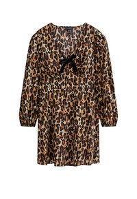 Robe à imprimé léopard avec de longues manches bouffantes, un décolleté en V profond et un nœud noir en accent à la taille avant. Le tissu a une texture lisse et douce.