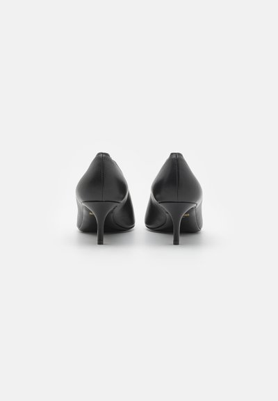 Pantofi cu toc înalt din piele neagră, cu un design cu vârf ascuțit și un toc subțire. Partea din spate are o finisare netedă și un detaliu subtil de brand.