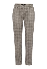 Pantaloni grigi a scacchi con un design aderente, caratterizzati da una fusione di linee chiare e scure. Realizzati in tessuto testurizzato con una finitura liscia.