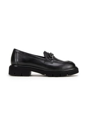 Black leather loafer with chunky treaded sole and decorative chain detail on top, viewed from the outer side.