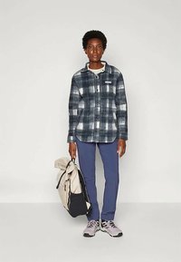 Persoon staat en draagt een zwart-witte geruite jas, blauwe broek, roze sneakers, en houdt met één hand een beige en zwarte rugzak vast.