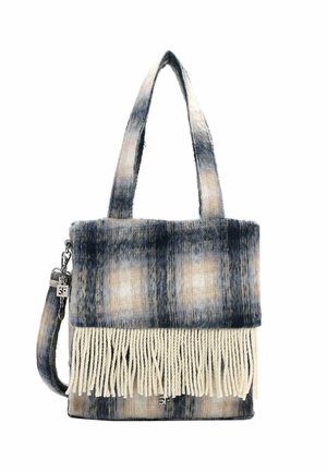 Borsa con frange in una stampa a quadri blu, bianco e beige. Realizzata in materiale morbido, con manici doppi e una tracolla staccabile.