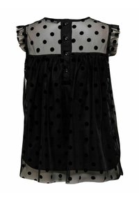 Blouse noire à pois avec un tissu transparent, des manches volantées et une fermeture à boutons au dos. Design superposé avec une coupe ample.