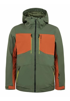 Veste à capuche verte avec des accents orange, présentant une fermeture éclair complète à l'avant, deux poches poitrine et des poignets élastiques pour un ajustement sécurisé.