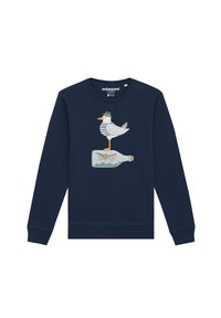 Marine sweatshirt met een afbeelding van een meeuw in een gestreept shirt en hoed, staande op een glazen fles met een papieren bootje binnenin.