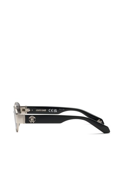 Lunettes de soleil Roberto Cavalli noires et argent avec des branches épaisses, des accents de logo et des verres rectangulaires vues de côté sur un fond blanc.