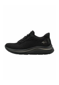 Scarpa da atletica nera con tomaia in maglia testurizzata, design con lacci, suola ammortizzata e sottili accenti metallici sul tallone e sul logo.