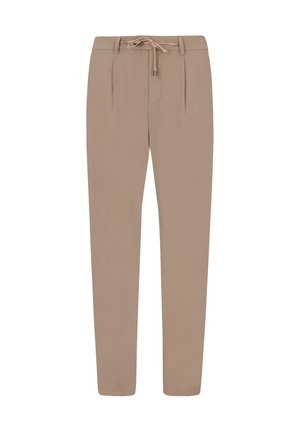 Pantaloni beige a gamba stretta con vita regolabile con coulisse, passanti per cintura e pieghe frontali, progettati per una vestibilità sartoriale ma casual.