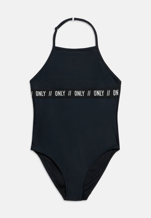Maillot de bain une pièce noir avec col halter et bande élastique autour de la taille, ornée du texte blanc répété "ONLY".
