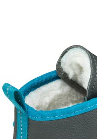 Gray slipper featuring a soft, fuzzy interior and a bright blue trim. Designed with a rounded opening and a loop for easy handling.