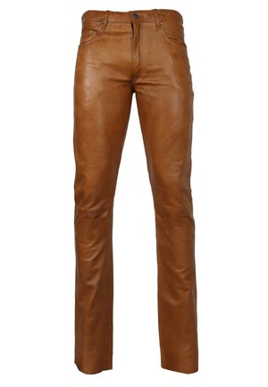 Bruine leren broek met een gladde textuur, slim fit, voorzakken en een middelhoog taille, met een knoopsluiting en riemlussen.