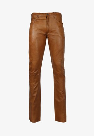 Bruine leren broek met een gladde textuur, slim fit, voorzakken en een middelhoog taille, met een knoopsluiting en riemlussen.