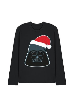 Black long-sleeve shirt with a graphic of a Darth Vader helmet wearing a red and white Santa hat on the front.