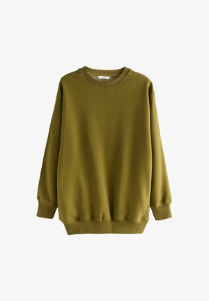 Felpa verde oliva a girocollo con maniche lunghe, polsini e orlo a costine, design semplice, esposta su uno sfondo bianco.