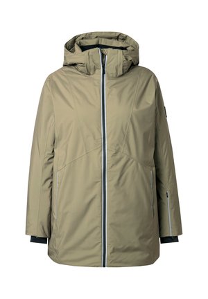 Beige wasserdichte Jacke mit Kapuze, frontalem Reißverschluss und Seitentaschen. Verfügt über kontrastierende dunkle Bündchen und Nähte auf der Brust.