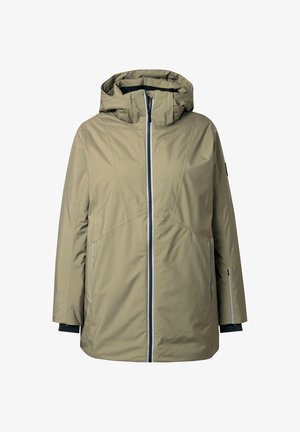 Beige vedenpitävä takki hupulla, etuvetoketjulla ja sivutaskuilla. Takissa on tummat kontrastikäteiset hihansuut ja ompeludetaljit rinnassa.