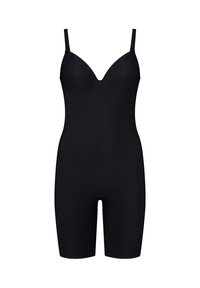 Bodysuit negro sin costuras moldeador con tirantes ajustables y longitud a mitad del muslo, diseñado para contornear el cuerpo y proporcionar soporte.