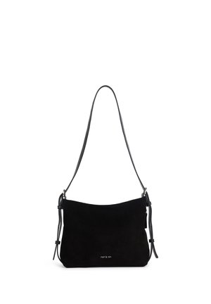 Sac à bandoulière noir avec sangle ajustable et petit logo "nat & nin" au centre devant sur fond blanc.