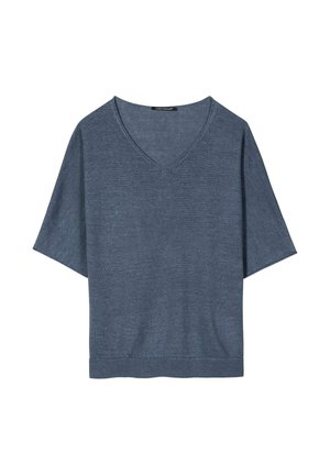Blue short-sleeve V-neck knit top with loose fit and ribbed hem on a white background.