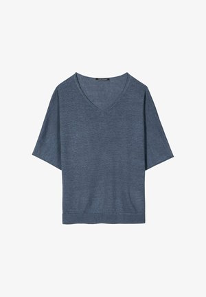 Blue short-sleeve V-neck knit top with loose fit and ribbed hem on a white background.