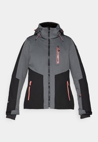 Veste à capuche grise et noire avec des accents de fermeture éclair rose sur la poitrine et les poches, fermeture éclair frontale complète et sangles de poignet réglables.