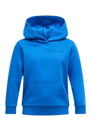 Bright blue hoodie with front kangaroo pocket, ribbed cuffs and hem, and a hood, featuring subtle "Peak Performance" logo on chest.