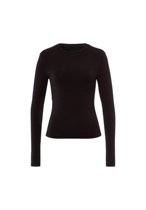 Czarna koszula z długim rękawem, wykonana z miękkiego materiału. Posiada okrągły dekolt oraz dopasowany krój z detalami szwów w okolicy talii.